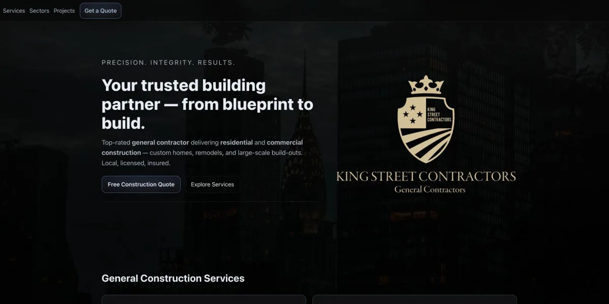 King Street Contractors website homepage